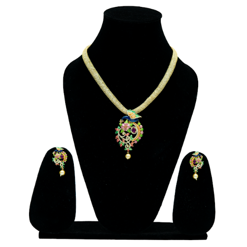 Traditional Floral Designer Necklace Set with Pearl Drop